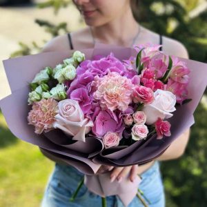 Romantic Blossom Bouquet: Hydrangeas, Spray Roses, Dianthus, Roses, Asters