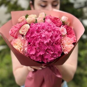 Blossoming Harmony Bouquet: Hydrangeas, Roses, Spray Roses, Dianthus.
