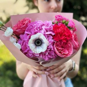 Enchanted Floral Symphony: Hydrangeas, Anemones, Roses, Dianthus, Spray Roses, Lisianthus