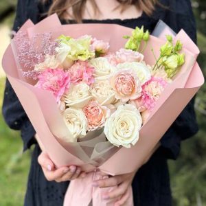 Romantic Blooms Ensemble: Roses, Spray Roses, Dianthus, Astilbe, Lisianthus