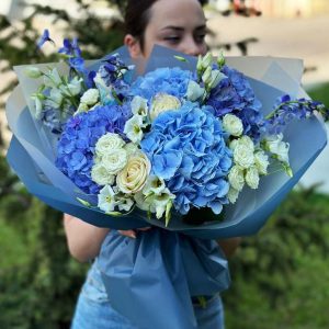 Serene Blooms Ensemble: Hydrangeas, Roses, Spray Roses, Lisianthus, Delphinium