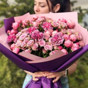 Whispering Pink Serenade bouquet with Silva Pink roses, spray roses, and dianthus
