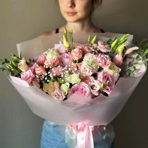 Enchanted Blooms Bouquet with roses, lisianthus, eucalyptus, spray roses, lagurus, gypsophila, dianthus, and scabiosa