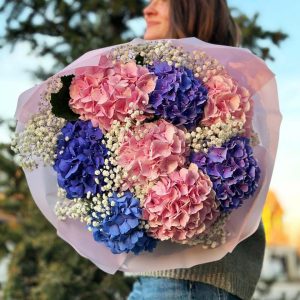 A beautiful bouquet featuring hydrangeas and gypsophila, perfect for adding grace and elegance to any setting.