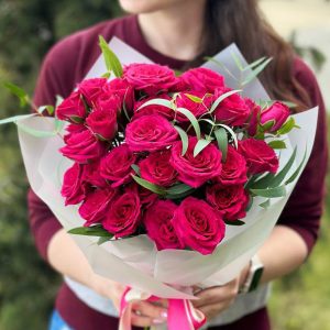 Bouquet with spray roses and eucalyptus.