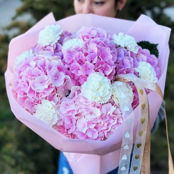 An image of the "Hydrangea Carnation Elegance" bouquet, showcasing the elegant combination of hydrangeas and carnations, perfect for special occasions and formal settings.