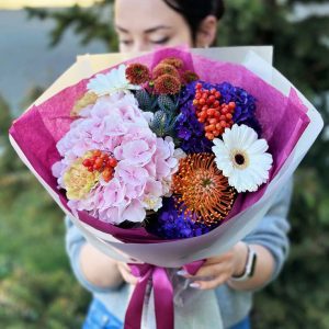 Hydrangea and Chrysanthemum Splendor bouquet with serene hydrangeas and vibrant chrysanthemums