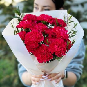 An image of a beautiful bouquet featuring delicate Dianthus flowers in various shades, surrounded by lush greenery.