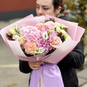 Image of the "Hydrangea Dianthus Rose Elegance" bouquet showcasing hydrangeas, fragrant dianthus, and exquisite roses, ideal for special occasions.