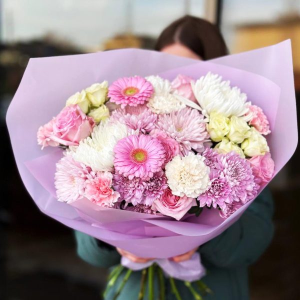 Pink Flash Bouquet: A delightful arrangement combining roses, chrysanthemums, dianthus, spray roses, and gerbera daisies.