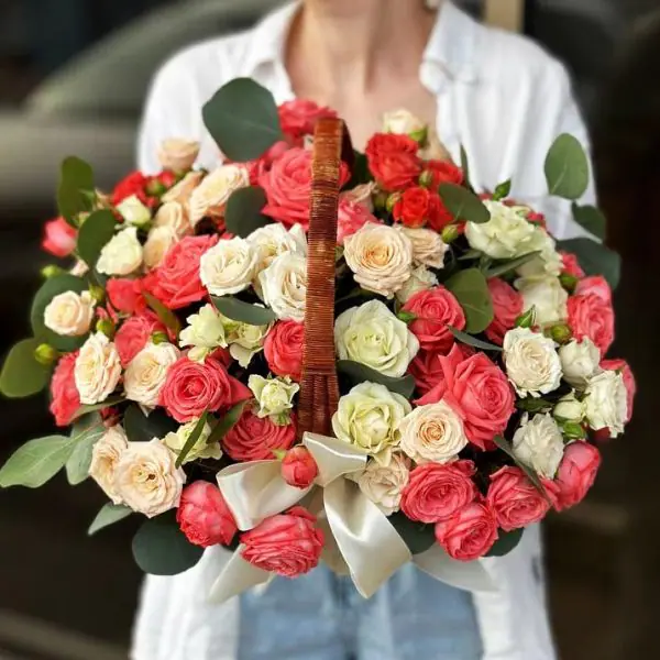 Pink Spray Roses with Eucalyptus in Basket
