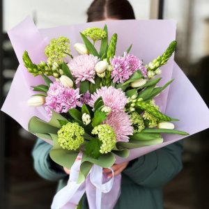 Spring Symphony Bouquet: a vibrant blend of chrysanthemums, tulips, viburnum, and ornithogalum