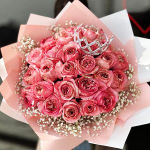 Sparkling Rose Bouquet showcasing glitter roses, gypsophila, and coronas for a glamorous and elegant look.