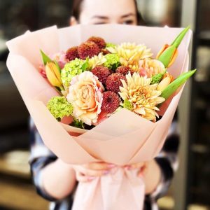 Spring Blossom Symphony Bouquet showcasing luxurious roses, vibrant chrysanthemums, delicate tulips, and fresh viburnum for a harmonious and refreshing display.