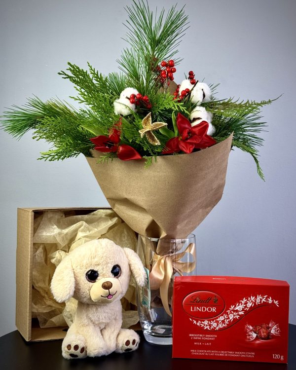 "Christmas gift set with a cotton ilex arrangement, vase, a festive toy, and candies, perfect for holiday gifting."