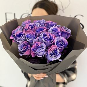 15 pink, purple and blue colored roses bouquet, 'Passionate Embrace', romantic floral arrangement.