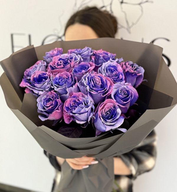 15 pink, purple and blue colored roses bouquet, 'Passionate Embrace', romantic floral arrangement.