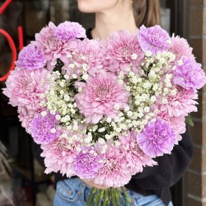 Heart-shaped bouquet with chrysanthemums, baby's breath, and carnations, 'Valentine’s Serenade', romantic floral arrangement.