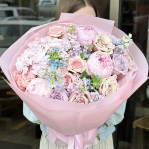 Pastel bouquet with pink peonies, roses, hydrangeas, and blue delphiniums – Florans florist Edmonton