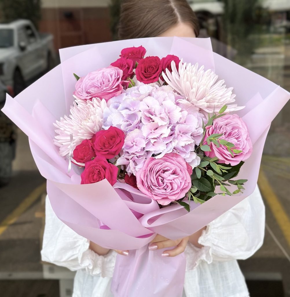 Bouquet with blush hydrangeas, pink roses, and fuchsia spray roses – Florans florist Edmonton