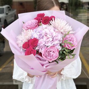 Bouquet with blush hydrangeas, pink roses, and fuchsia spray roses – Florans florist Edmonton